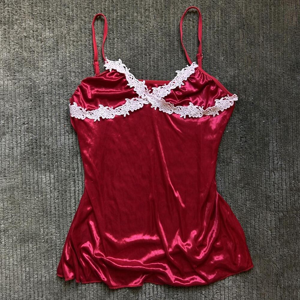Red Satin Cami Top with White Lace Trim – Size M